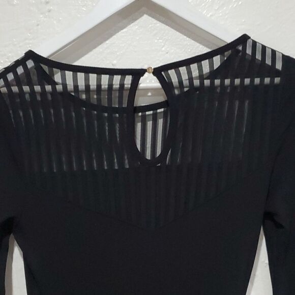 New Bebe Black Maxi Dress with Swarovski Crystals, Sheer Stripes & Side Slit - Picture 7 of 16